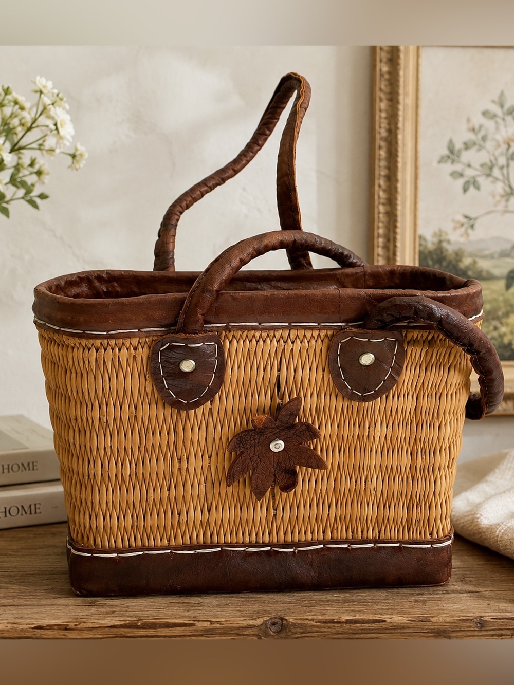 Woven Tan Straw Tote with Brown Leather Trim